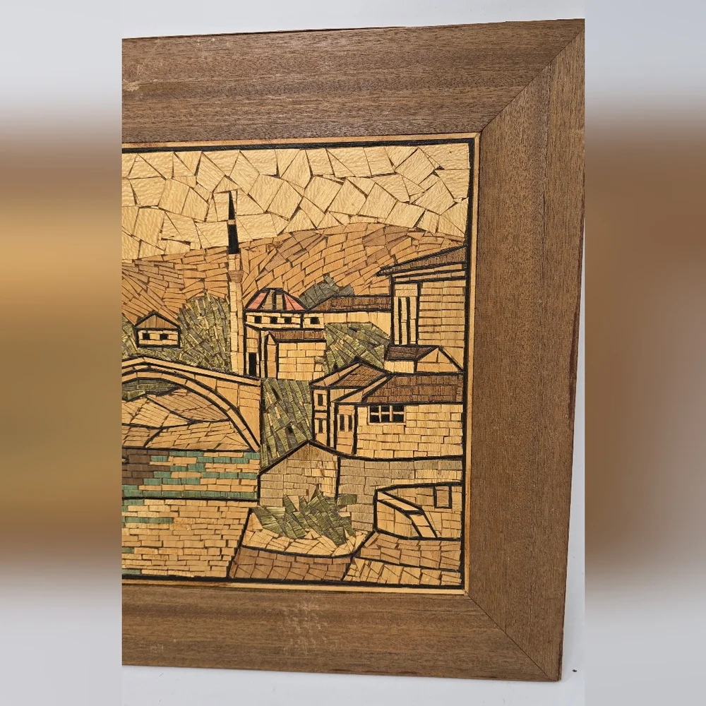 Vtd wood micro mosaic Mostar Europe mid century wall art picture‎ Yugoslavian